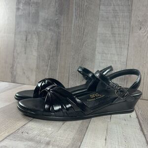 SAS Women's 8 Slim Strippy Strap Wedge Sandal Strappy Leather Arch Support Black